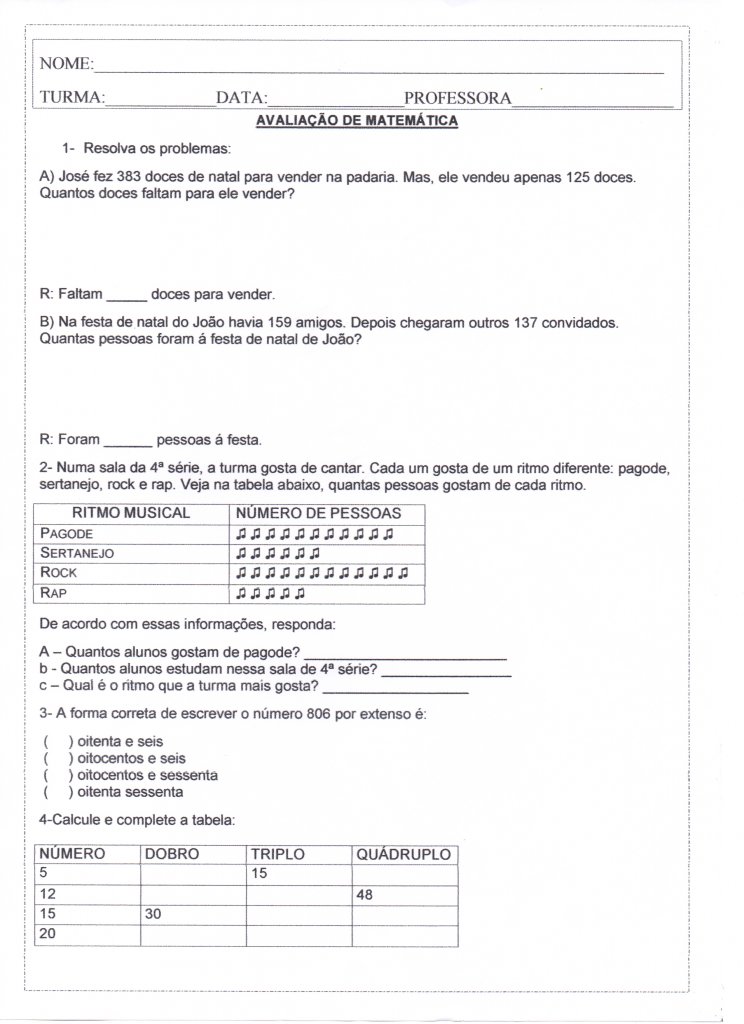 Avaliação de Matemática 4-5 Ano - Folha 1