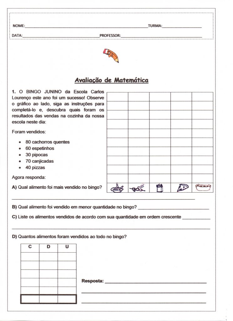 Avaliação de Matemática 3-4 Ano-Parte 1-Folha 1