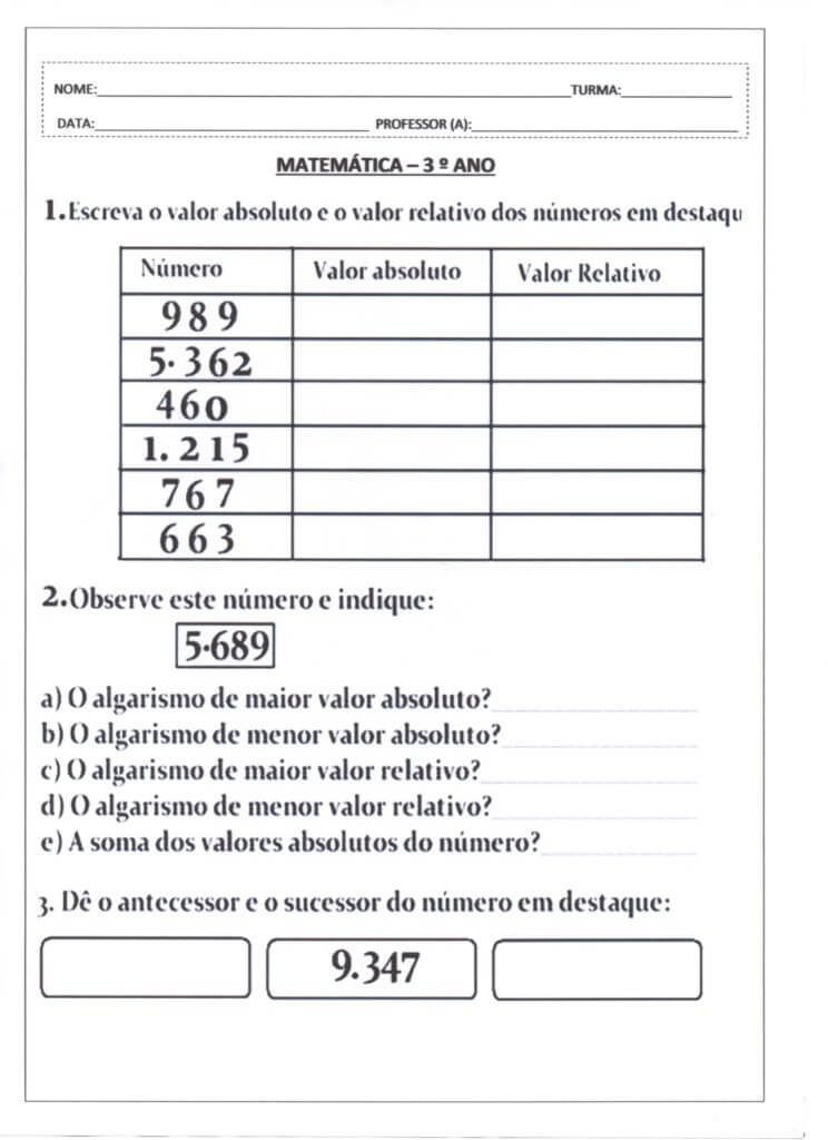 Avaliação de Matemática-3 Ano-Parte 1