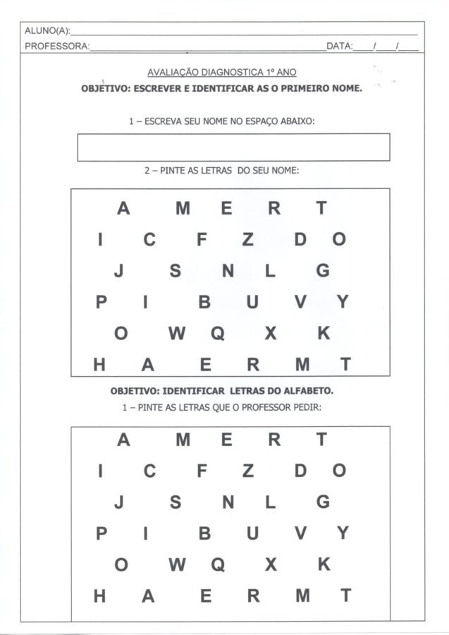 Avaliação Diagnóstica 1 Ano-Letras e números-Folha 1