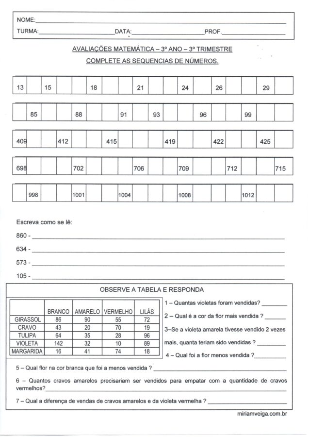 Avaliação de Matemática 3 Ano-Sequências