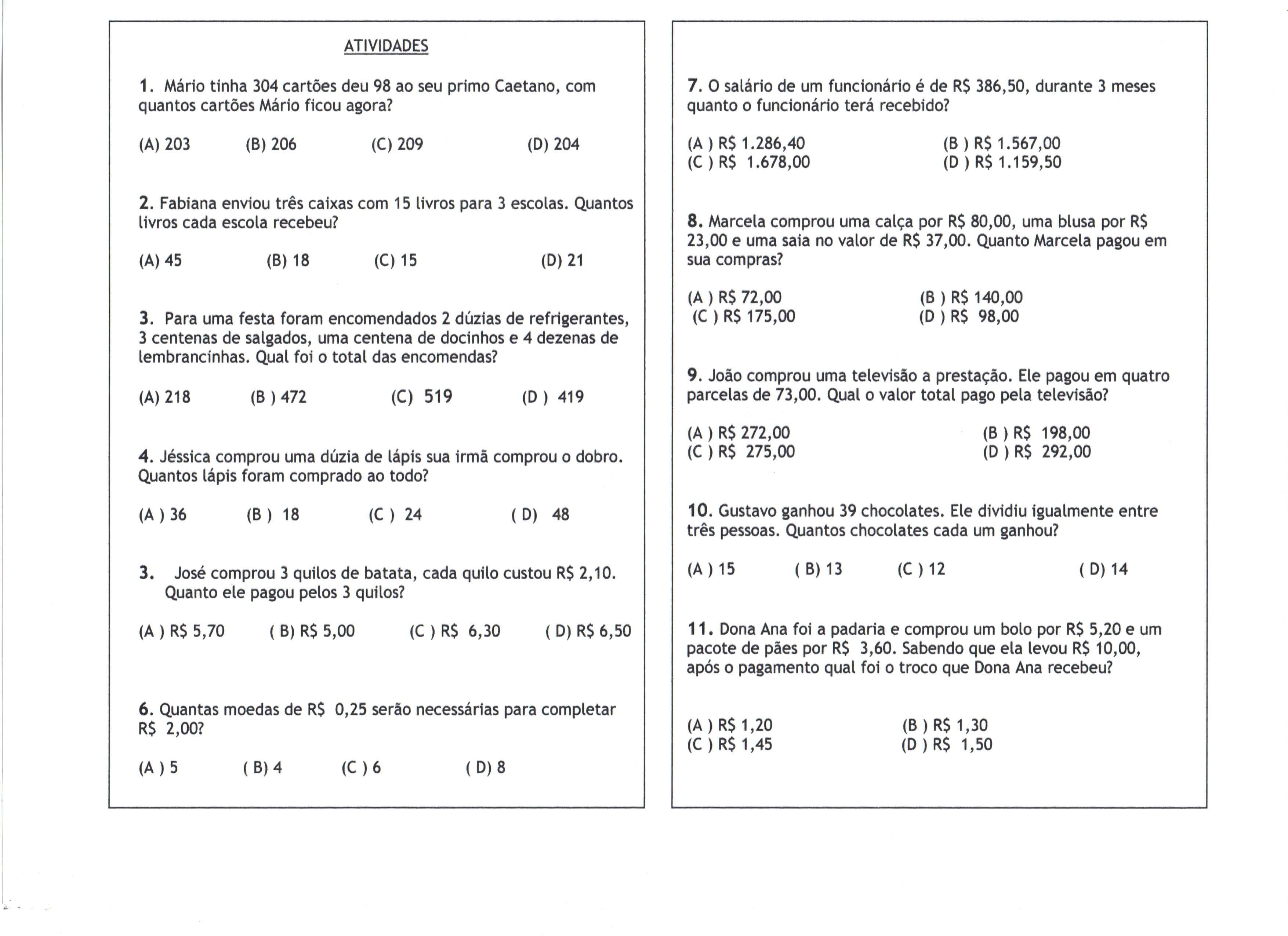 Atividade De Matemática-Múltipla Escolha · Alfabetização Blog