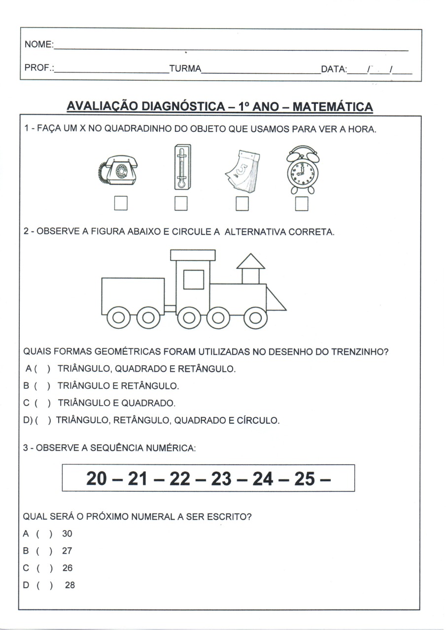 Avaliação Diagnóstica 1 Ano Matemática Parte 1 · Alfabetização Blog 6919