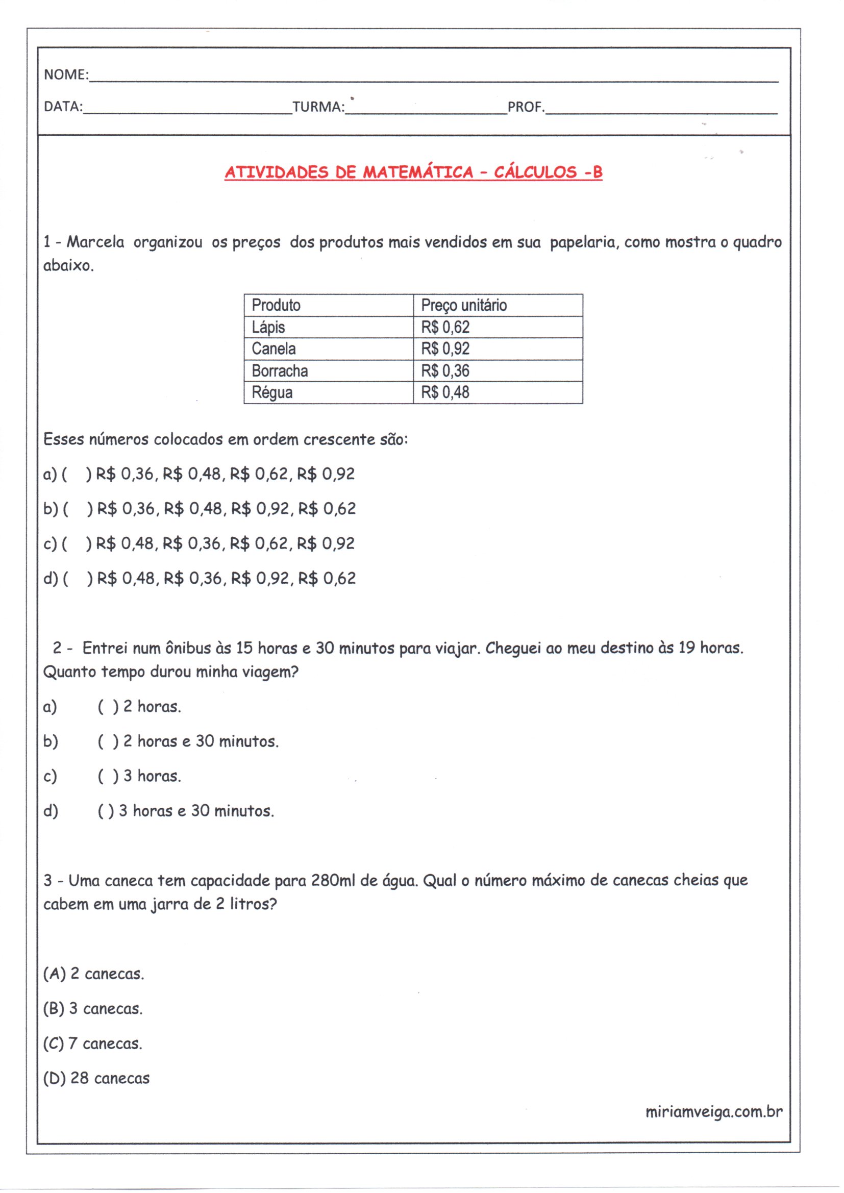 Matemática Cálculos B-Ordem Hora Litros · Alfabetização Blog