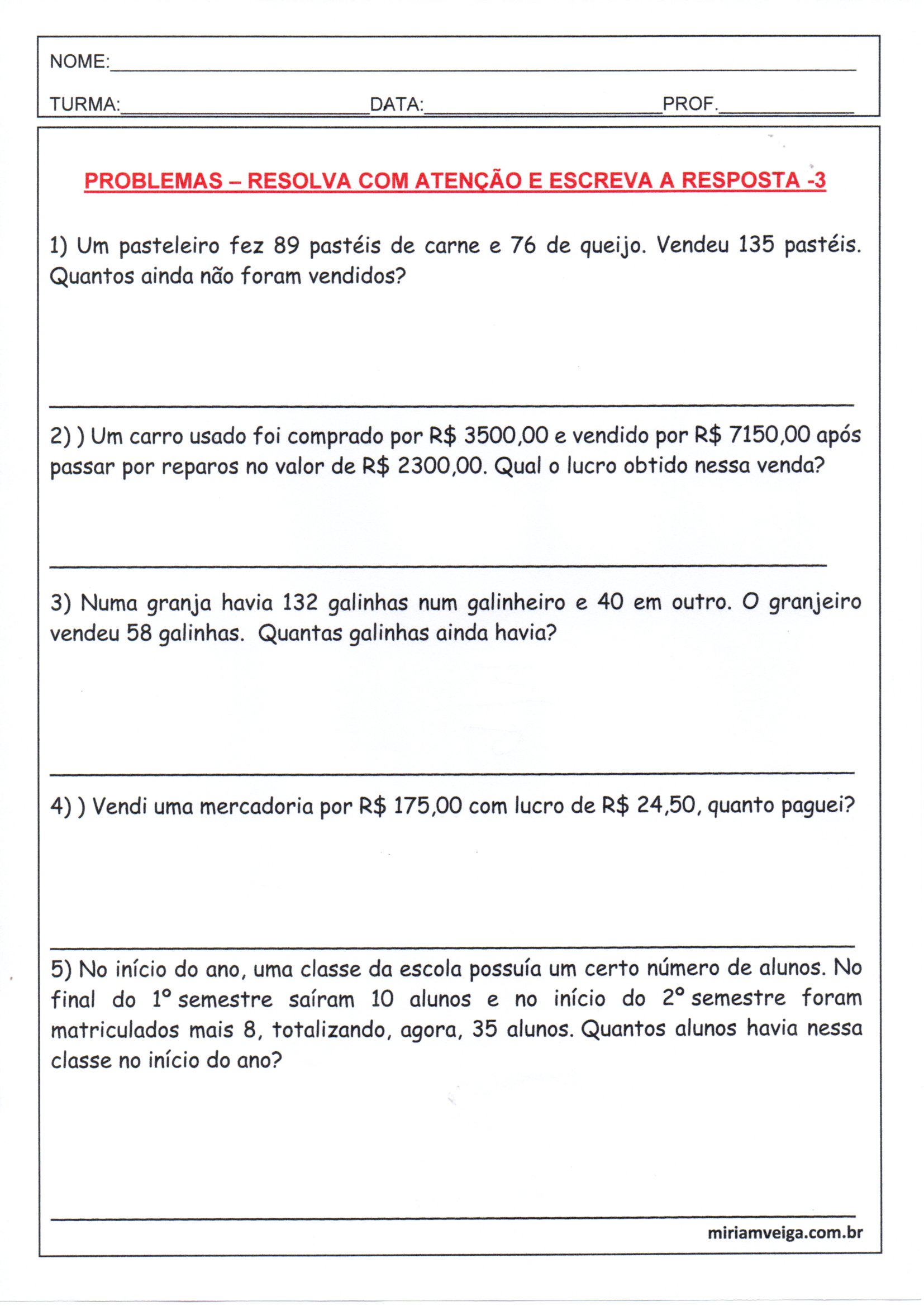 Problemas-Resolva E Escreva A Resposta 3 · Alfabetização Blog