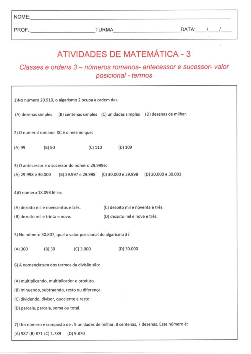 Classes e Ordens Números romanos