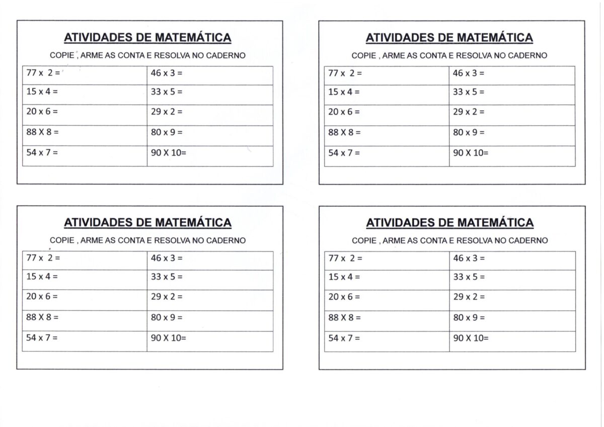 Matemática Contas de Multiplicação para armar e resolver