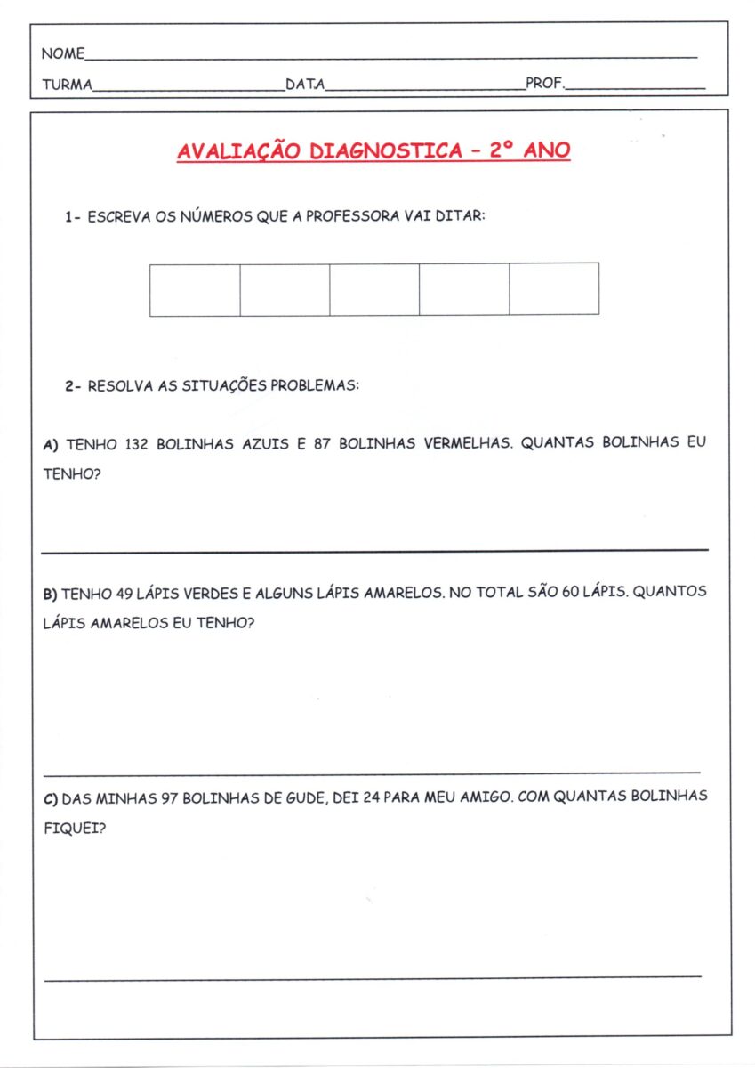 Avaliação Diagnóstica Matemática 2 Ano-Parte 1