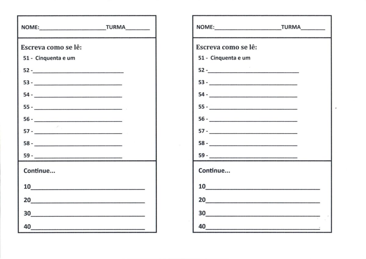 Numerais de 50 a 59 por extenso