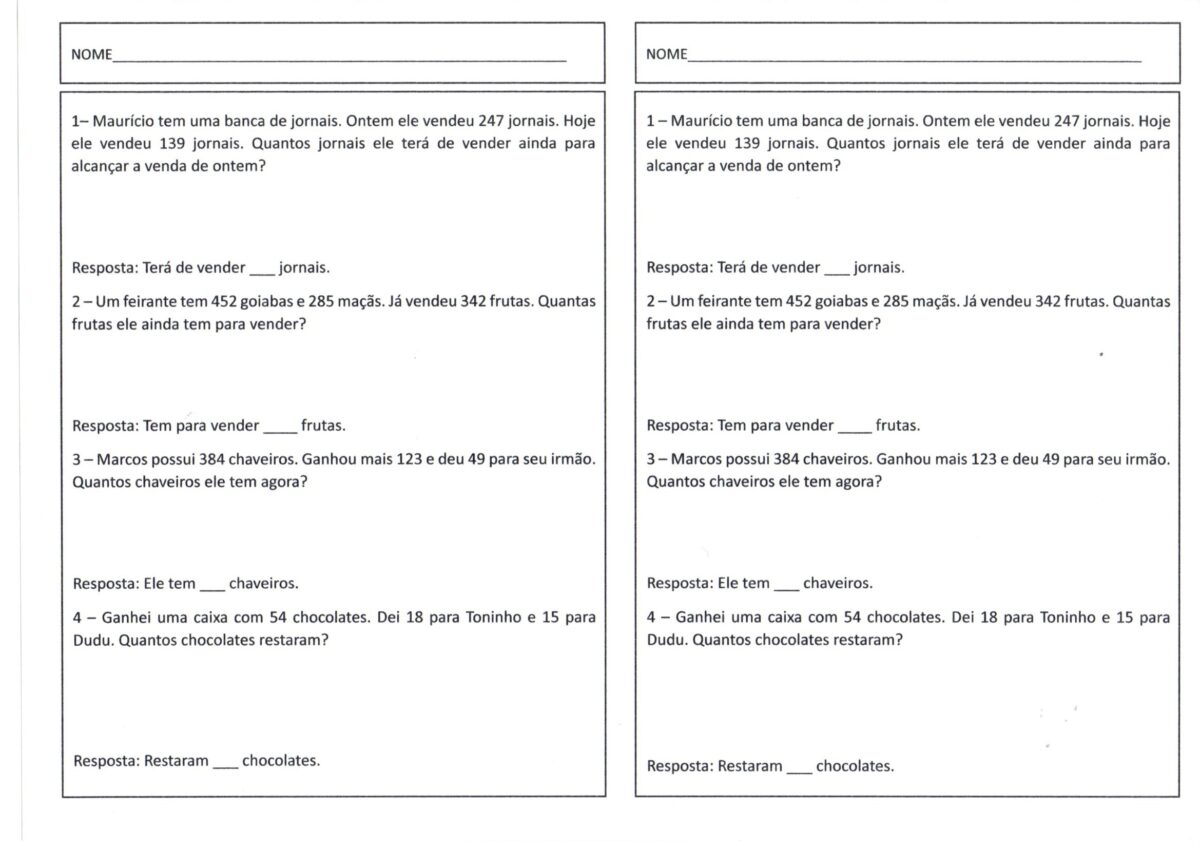 Problemas para resolver na folha