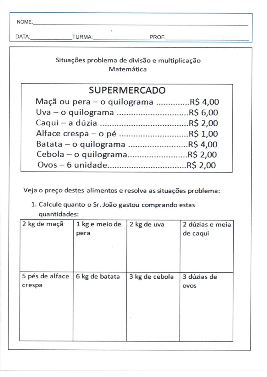 Subtração e Divisão com Tabela-Atividade de Matemática-Situações-problema