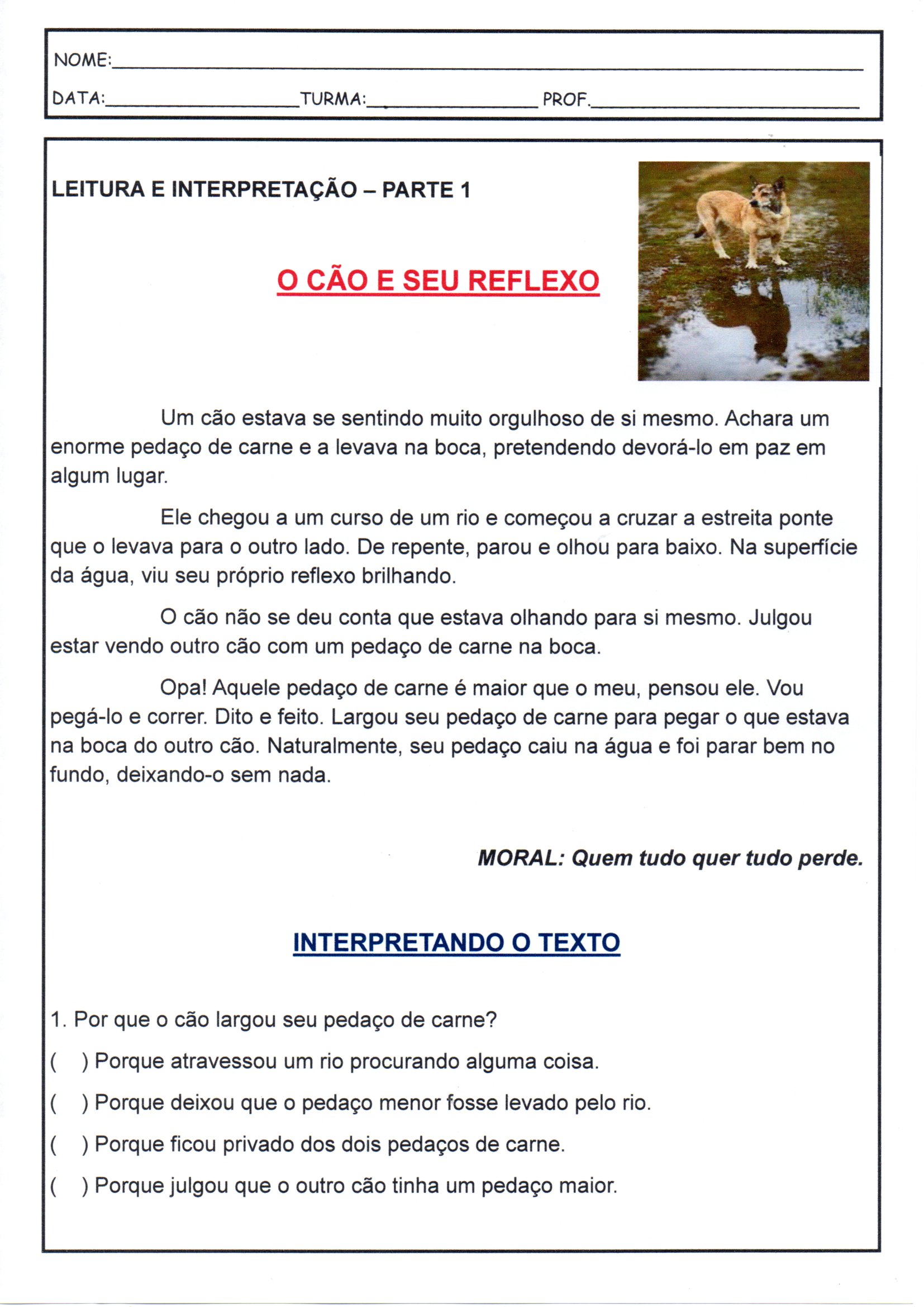 💖Leitura e interpretação-O cão e seu reflexo-1 · Alfabetização Blog