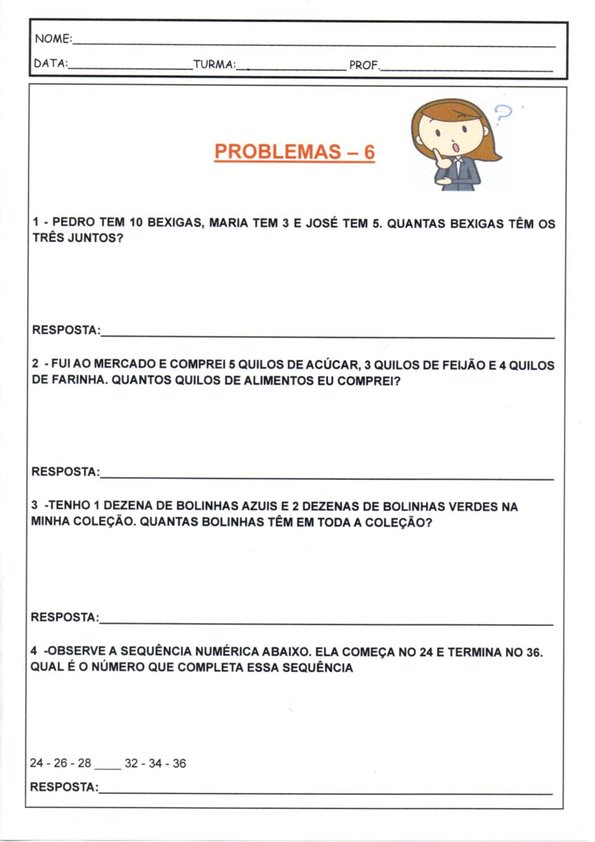 Problemas matemáticos para resolver na folha 6