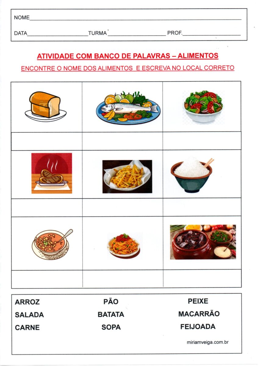 Atividade com banco de palavras-Alimentos