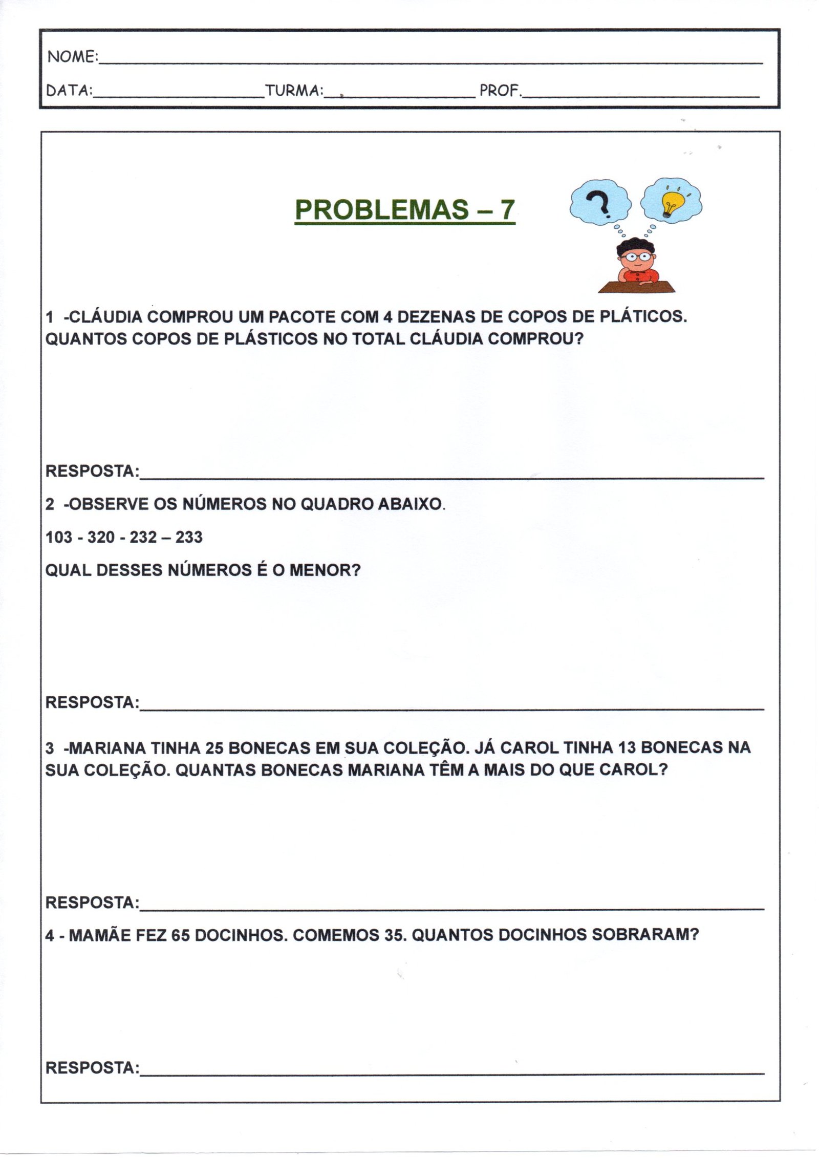 💖Atividade de Matemática-Problemas 7 · Alfabetização Blog