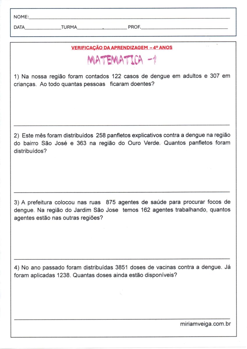 Verificação da aprendizagem-4 Ano-Problemas 1