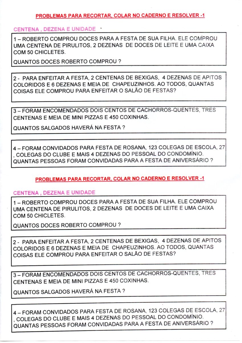 Problemas CDU Recortar e resolver no caderno