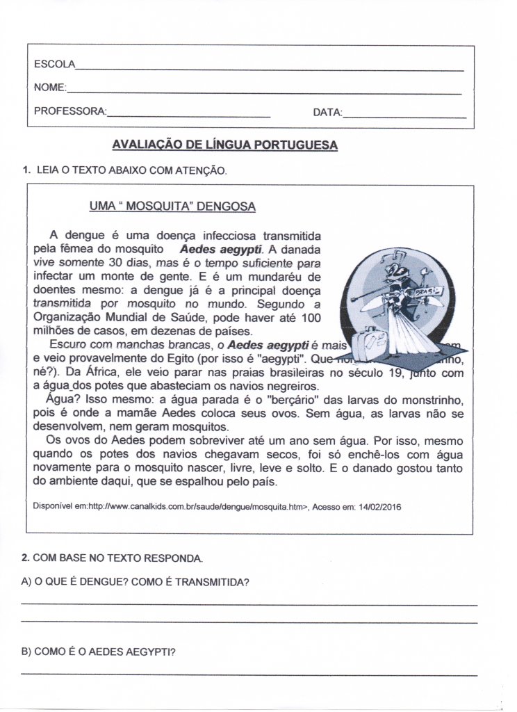 Avaliação de Língua Portuguesa Dengue - Folha 1